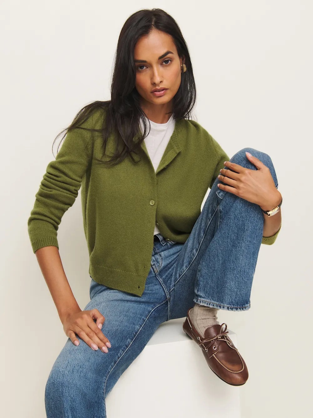 Reformation Clara Cashmere Crew Cardigan in Grass Green XS